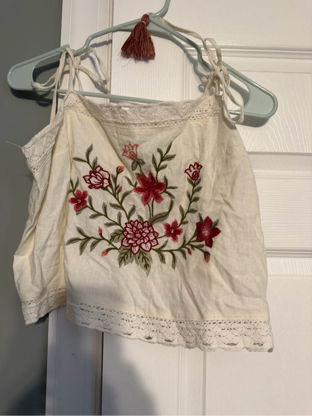 Universal Thread Cream Embroidered Tie-Strap Camisole with Red Floral Motif